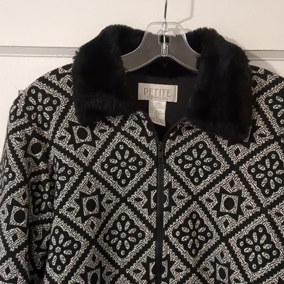 Quilted Style Faux Fur Collar Cuffs Black and White Artsy Jacket Petite Small - Picture 2 of 6